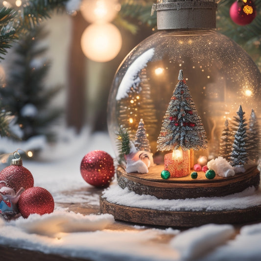 A whimsical, snow-globe-inspired scene featuring a mix of vintage and modern Christmas ornaments nestled in a distressed wooden trunk, surrounded by twinkling fairy lights and lush greenery.