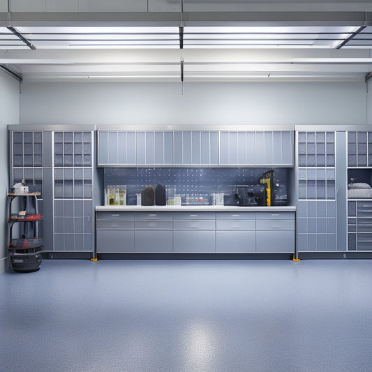 A well-lit, modern garage with sleek, grey epoxy-coated floors, featuring a wall-mounted pegboard with neatly hung tools, and a row of tall, silver cabinets with sliding doors.