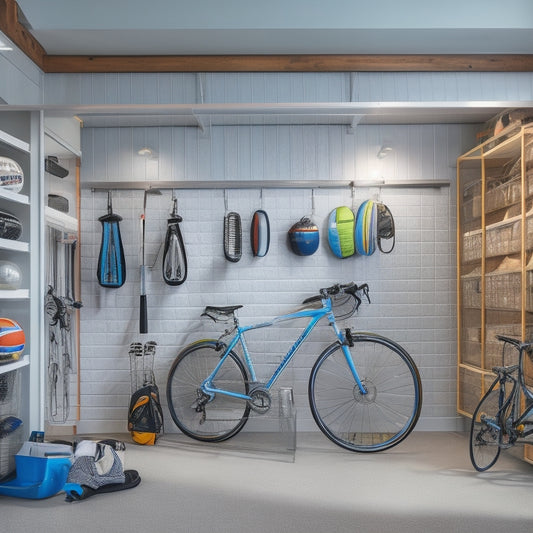 A clutter-free garage with a sleek, silver bike hanging from the ceiling, a pegboard with neatly organized sports equipment, and a labeled storage bin filled with golf balls and tennis rackets.