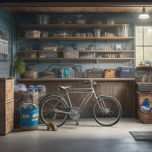 A calm, well-lit garage interior with a few, neatly organized storage bins and shelves, a walker parked against a wall, and a few familiar, labeled personal items, such as a vintage bicycle or a toolbox.