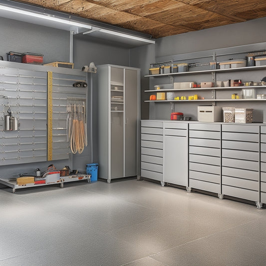 A modern garage interior with sleek, metallic sliding shelves in a U-shaped configuration, holding various tools and storage bins, amidst a clean, concrete floor and neutral-colored walls.