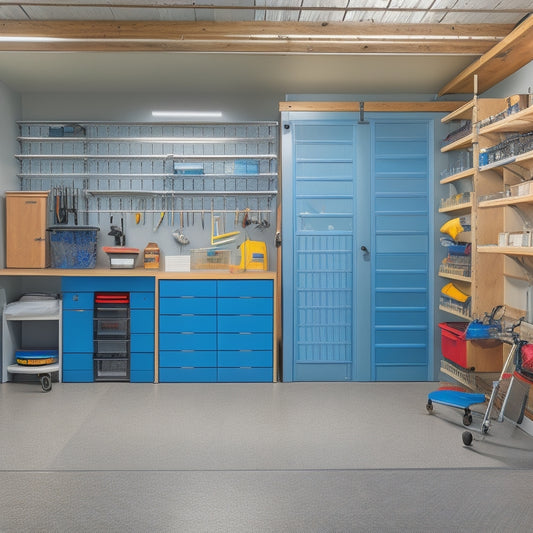 A clutter-free garage with a slatwall featuring hooks, bins, and a pegboard, alongside a workstation with a vise, a labeled shelving unit, and a floor-to-ceiling storage cabinet with sliding doors.