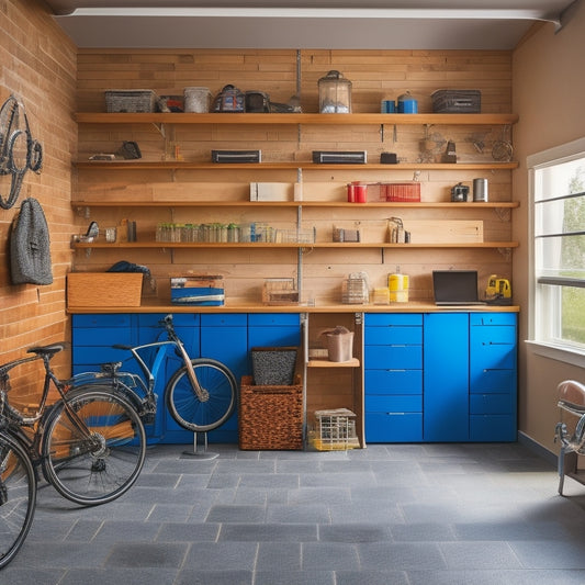 A clutter-free, well-lit garage with a mix of wall-mounted shelves, bins, and hooks, a compact workstation, and a slotted storage system for bikes and tools.