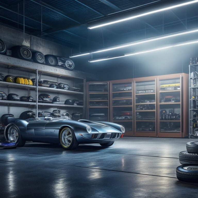 A sprawling, dimly lit garage with polished concrete floors, gleaming chrome tools, and a sleek, silver sports car centered on a rotating turntable, surrounded by shelves stacked with tires and racing memorabilia.