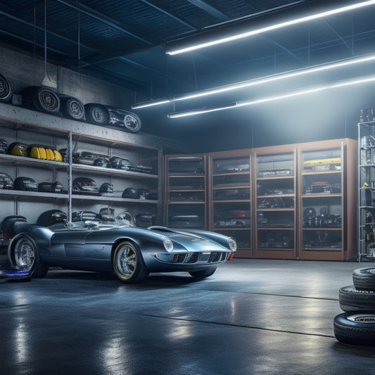 A sprawling, dimly lit garage with polished concrete floors, gleaming chrome tools, and a sleek, silver sports car centered on a rotating turntable, surrounded by shelves stacked with tires and racing memorabilia.