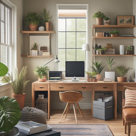 A serene home office with a desk clutter-free except for a laptop, a notebook, and a small potted plant, surrounded by shelves filled with various niche products and a few shipping boxes.