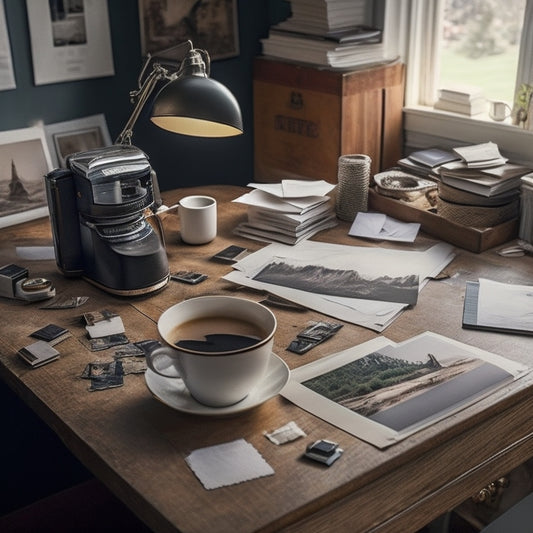 A cluttered desk with scattered photo prints, torn albums, and broken picture frames, surrounded by coffee cups and crumpled papers, transformed into a sleek, organized workspace with labeled folders and a state-of-the-art scanner.