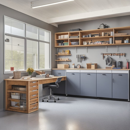 A well-organized garage with sleek, floor-to-ceiling storage units, a slatwall with hooks and bins, and a workbench with a vice, surrounded by a polished concrete floor and ample natural light.
