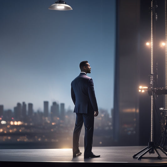 A spotlight shines on a confident speaker standing on a stage, microphone in hand, with a subtle cityscape or bookshelf background, conveying a sense of authority and captivating storytelling.
