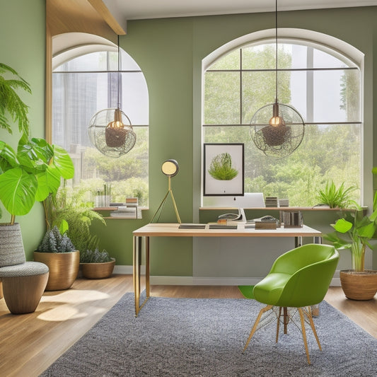 A bright, airy office with a sleek, curved wooden desk, a geometric-patterned area rug, and a floor-to-ceiling green living wall, surrounded by minimalist, industrial-chic chairs and modern, spherical pendant lights.
