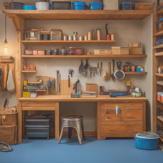 A well-organized garage workstation with a sturdy wooden workbench, built-in cabinets, and open shelving, surrounded by tools and equipment, with a pegboard on the back wall.