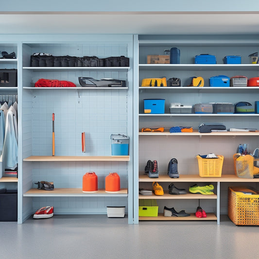 A clutter-free garage with sleek, gray shelving units, each with three sturdy shelves, holding organized bins, tools, and sports equipment, against a clean, white background.