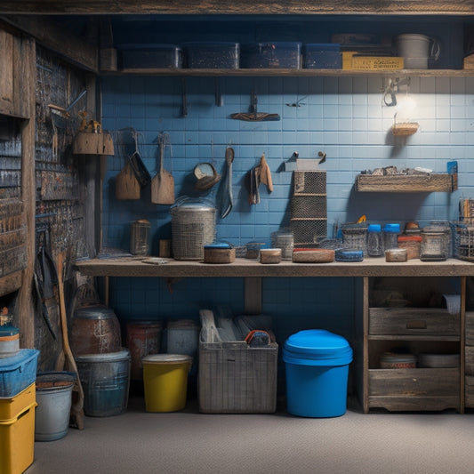 A cluttered garage with tools and storage bins scattered chaotically, contrasted with a partially organized section featuring repurposed crates, labeled jars, and a DIY pegboard on a wall.