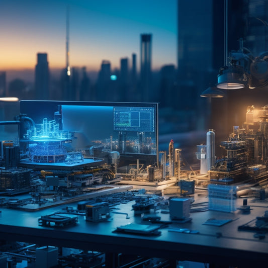 A futuristic workshop scene with 3D printers, laser cutters, and robotic arms surrounded by half-assembled prototypes, circuit boards, and innovative gadgets, with a cityscape background at dusk.