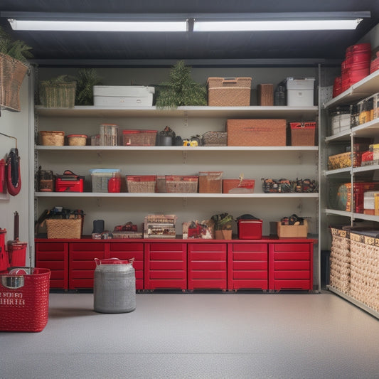 A clutter-free garage interior with neatly organized storage bins, labeled shelves, and a few festive holiday decorations peeking out, surrounded by a calm and serene atmosphere.
