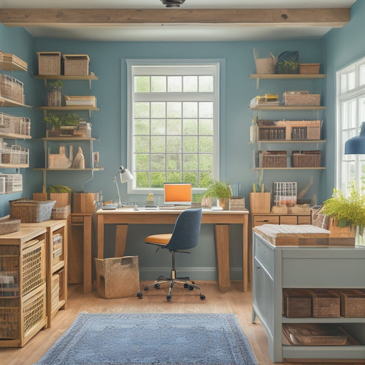 A serene, well-lit craft room office with a large, wooden desk, surrounded by floor-to-ceiling shelves, storage bins, and a pegboard with organized tools and supplies, in a soothing color palette.