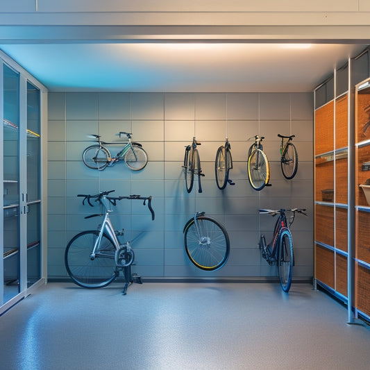 A well-organized garage interior with sleek, silver cabinets, wall-mounted bike racks, and a slatted ceiling storage system, illuminated by bright overhead lighting and a large window.