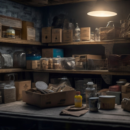 A broken price tag lies on a dusty, cluttered shelf, surrounded by stacked boxes and faded product labels, with a faint, worn-out "SOLD" sign hanging in the background, dimly lit.