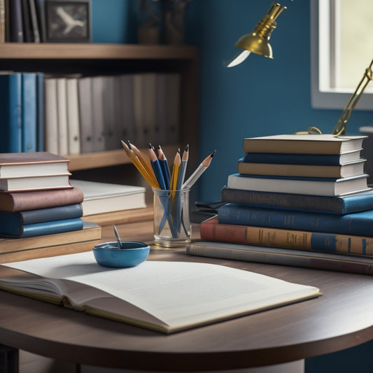 A serene, organized study desk with a neatly arranged stack of books, a sharp pencil, and a confident hand grasping a completed exam paper, set against a calm, blue background.