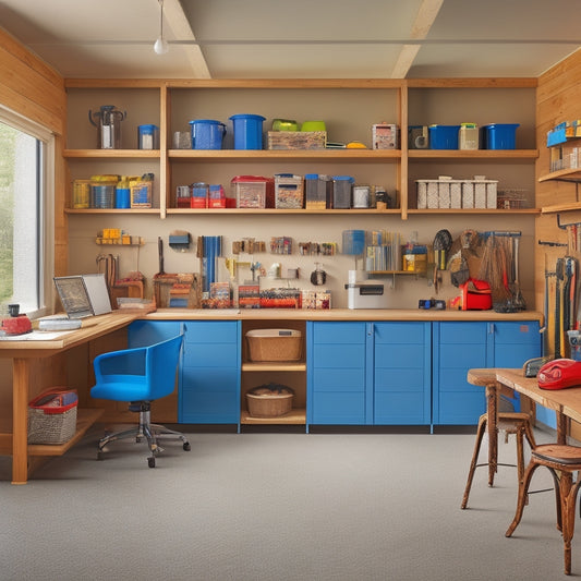 A clutter-free garage with a senior-friendly storage system: adjustable shelving units with ergonomic handles, clear storage bins, and a seated workspace with a wooden table and comfortable stool.