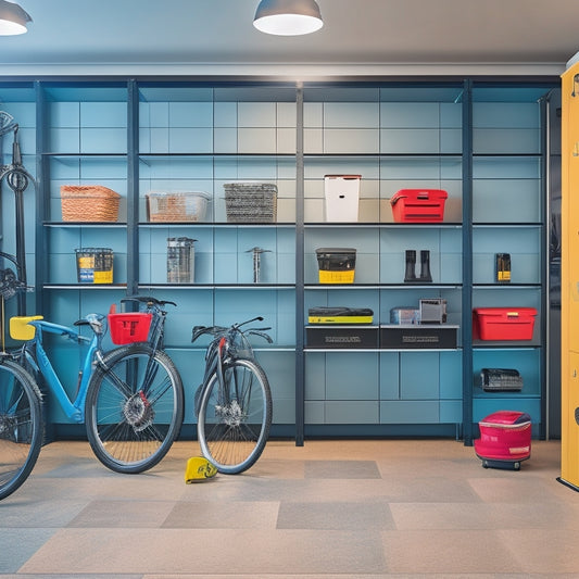 A modern, well-organized garage with sleek gray walls, epoxy-coated floor, and a Delta Premium Shelving Kit installed, holding various storage bins, tools, and a few bicycles, with warm, soft lighting.