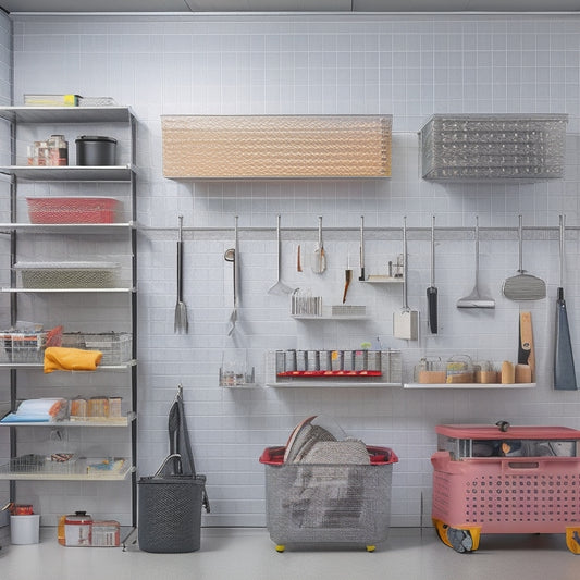 A clutter-free garage with a sleek, silver Pegboard on the wall, holding various tools and accessories, alongside a row of translucent storage bins on a metal shelving unit.