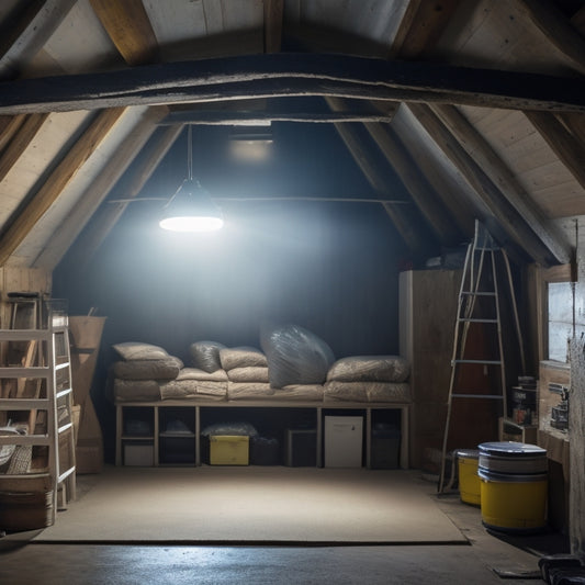 A dimly lit garage attic with exposed insulation, wooden beams, and scattered storage boxes, illuminated by a single, warm light bulb, with a ladder leaning against the wall, surrounded by caution tape.