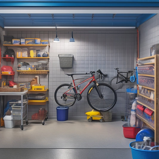 A well-organized small garage with a slatwall, pegboard, and shelves, featuring a parked bicycle, toolbox, and storage bins, with a sleek epoxy-coated floor and LED lighting.