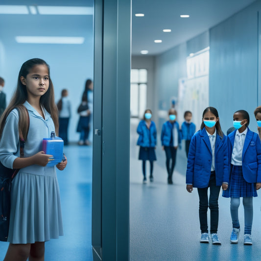 A serene school corridor with students wearing masks, a thermal scanner in the background, and a sanitation station with soap and hand sanitizer dispensers on a nearby wall.