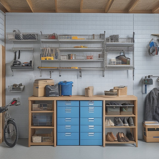 A clutter-free garage with a slatwall featuring various storage bins, baskets, and hooks, alongside a workstation with a built-in vice and a pegboard with hanging tools.