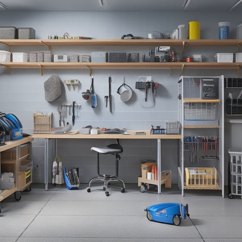 An organized garage with a wheelchair-accessible workbench, adjustable shelving, and a pegboard with hanging tools, set against a light-gray background with soft, natural light.