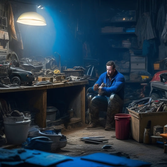 A cluttered, dimly lit garage with scattered tools and a workbench in disarray, featuring a frustrated mechanic in the background, surrounded by crumpled papers and a broken-down Fiat vehicle.