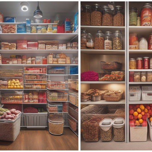 A split-screen image featuring a cluttered pantry with expired foods and open containers on one side, and a tidy pantry with labeled baskets, airtight containers, and organized shelves on the other.