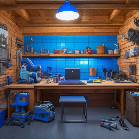 A clutter-free garage with a computer and tablet on a workbench, surrounded by organized tools and gadgets, with a 3D modeling software open on the screen, and a robotic arm in the background.