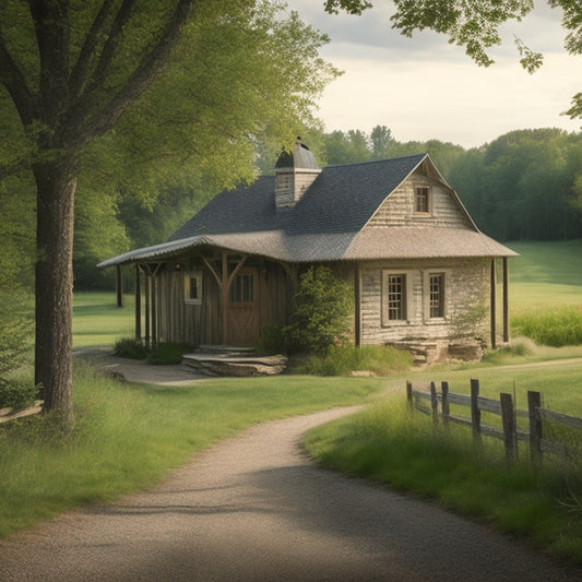 A serene rural landscape with a charming, weathered barn-style outbuilding, featuring a gambrel roof, wooden siding, and a covered porch, surrounded by lush greenery and a meandering stone pathway.