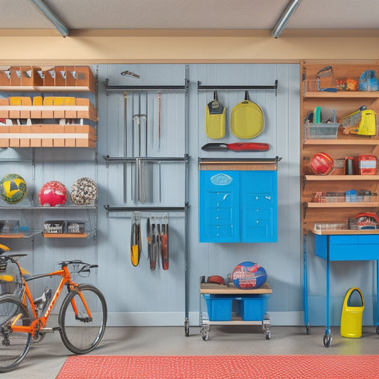 A clutter-free garage with sleek, wall-mounted shelves and bins, a pegboard with organized tools, and a labeled storage system for sports equipment, bikes, and seasonal decorations.