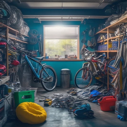 A cluttered small garage with bikes, tools, and sports equipment scattered on the floor, overflowing from shelves, and hanging haphazardly from the ceiling, with a hint of chaos and disorganization.
