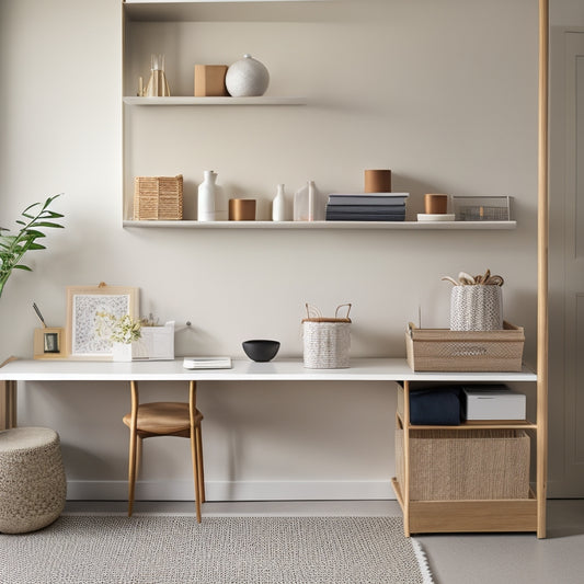 A serene, minimalist room with a sleek, wall-mounted shelving unit, a tidy desk with a few, carefully placed office supplies, and a woven basket storing a few, rolled-up yoga mats.