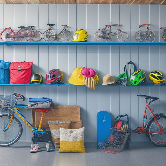 A clutter-free garage with bicycles, skateboards, and sports bags organized on wall-mounted hooks and shelves, with a few balls and helmets neatly arranged on a nearby bench.