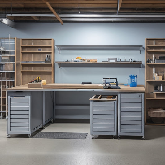 A clutter-free workshop with a sturdy, L-shaped workbench featuring three drawers, a built-in vice, and open shelving for tool organization, set against a clean, light-gray concrete background.