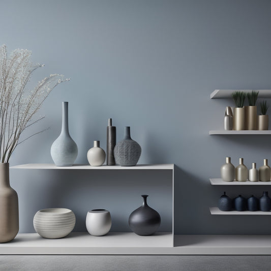 A minimalist, modern bookshelf with five horizontal shelves of varying heights, adorned with a mix of tall vases, stacked books, and decorative objects in a harmonious balance of negative space.
