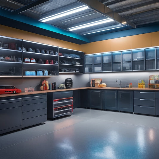 A sleek, well-organized garage interior with custom cabinetry, epoxy-coated floors, and a slatwall with hooks and bins, illuminated by LED lighting and featuring a car parked in the center.