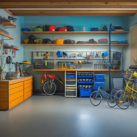 A well-lit, clutter-free garage with sleek storage systems, labeled bins, and a pegboard with organized tools, surrounded by a clean concrete floor and a few stylishly parked bicycles.