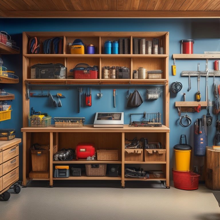A neat and organized garage with slatwall panels, hooks, and bins, featuring a workbench with a vice, a pegboard with tools, and a loft storage area with labeled containers.