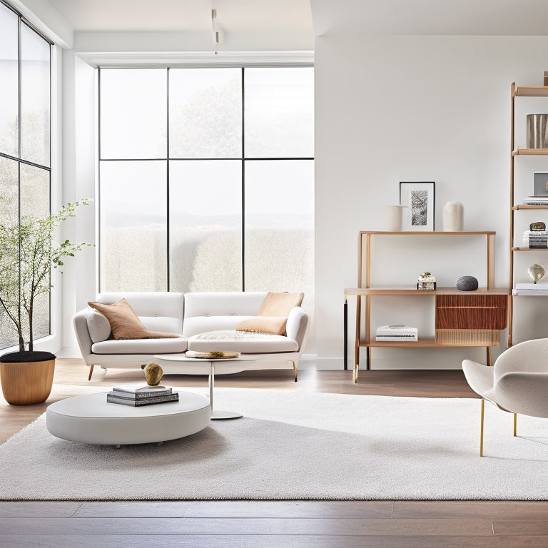 A minimalist, modern living room with a sleek storage ottoman, a floor-to-ceiling shelving unit, and a Murphy desk, all in a harmonious blend of white, wood, and metallic tones.