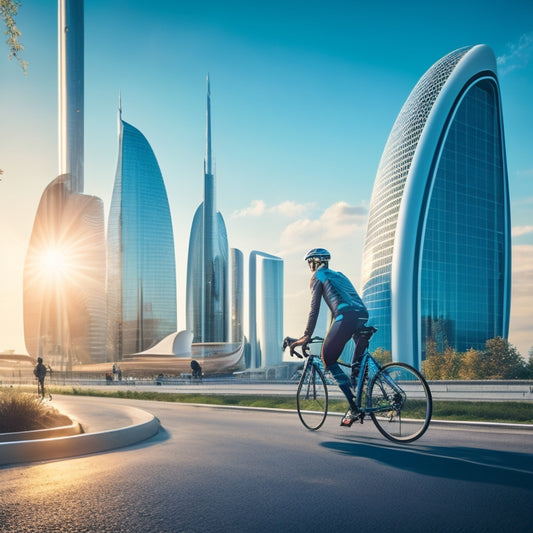 A futuristic cityscape with sleek, modern buildings, featuring a cyclist effortlessly carrying a bike on their back via a sleek, minimalist, and aerodynamic Equipd bike transportation system, set against a vibrant blue sky.
