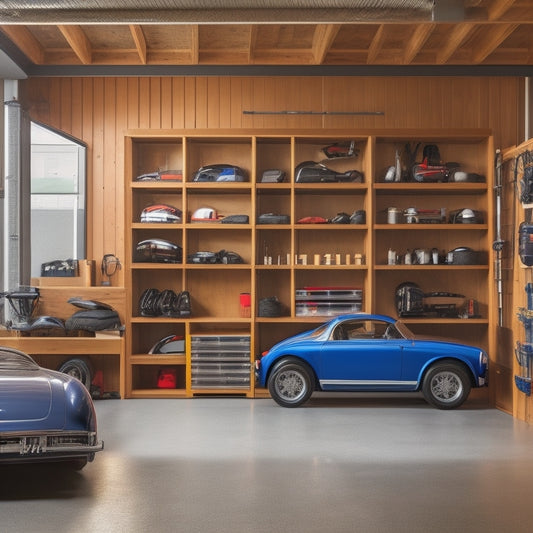 A well-organized garage with slatwall panels, wooden shelves, and metal brackets, holding various storage bins, tools, and sporting equipment, with a sleek and modern sports car in the background.