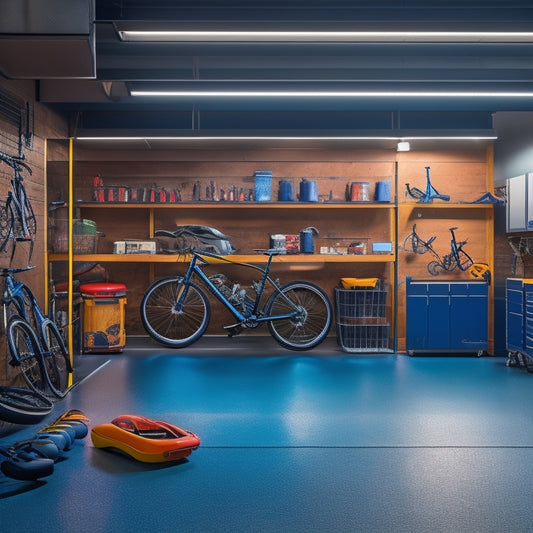 A well-lit, organized garage with epoxy-coated floors, sleek metal cabinets, and a pegboard adorned with tools, surrounded by a few high-end sports cars and a few bicycles on hooks.