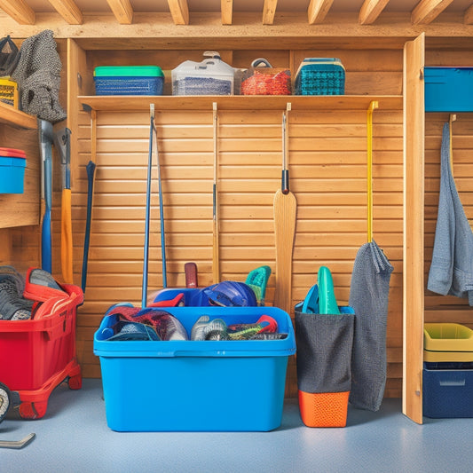 A well-organized garage interior with labeled bins, stacked crates, and hooks holding winter gear, summer toys, and gardening tools, set against a clean and bright background.