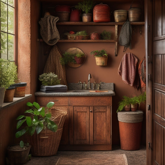 A warmly lit laundry room with distressed wooden cabinets, vintage metal baskets, and ornate metal hooks, surrounded by soft, creamy walls and adorned with lush greenery in worn terracotta pots.